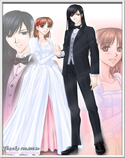 fervent idiot, fukuzawa yumi, ogasawara sachiko, maria-sama ga miteru, black footwear, framed, 00s, 2girls, alternate hairstyle, black hair, bow, bowtie, brown eyes, brown hair, dress, elbow gloves, english text, female focus, flower, formal clothes, full body, gloves, hair down, hair flower, hair ornament, holding hands, matching hair/eyes, multiple girls, pant suit, pants, smile, standing, suit, tuxedo, vest, waistcoat, wedding dress, white dress, white gloves, wife and wife, yuri, zoom layer