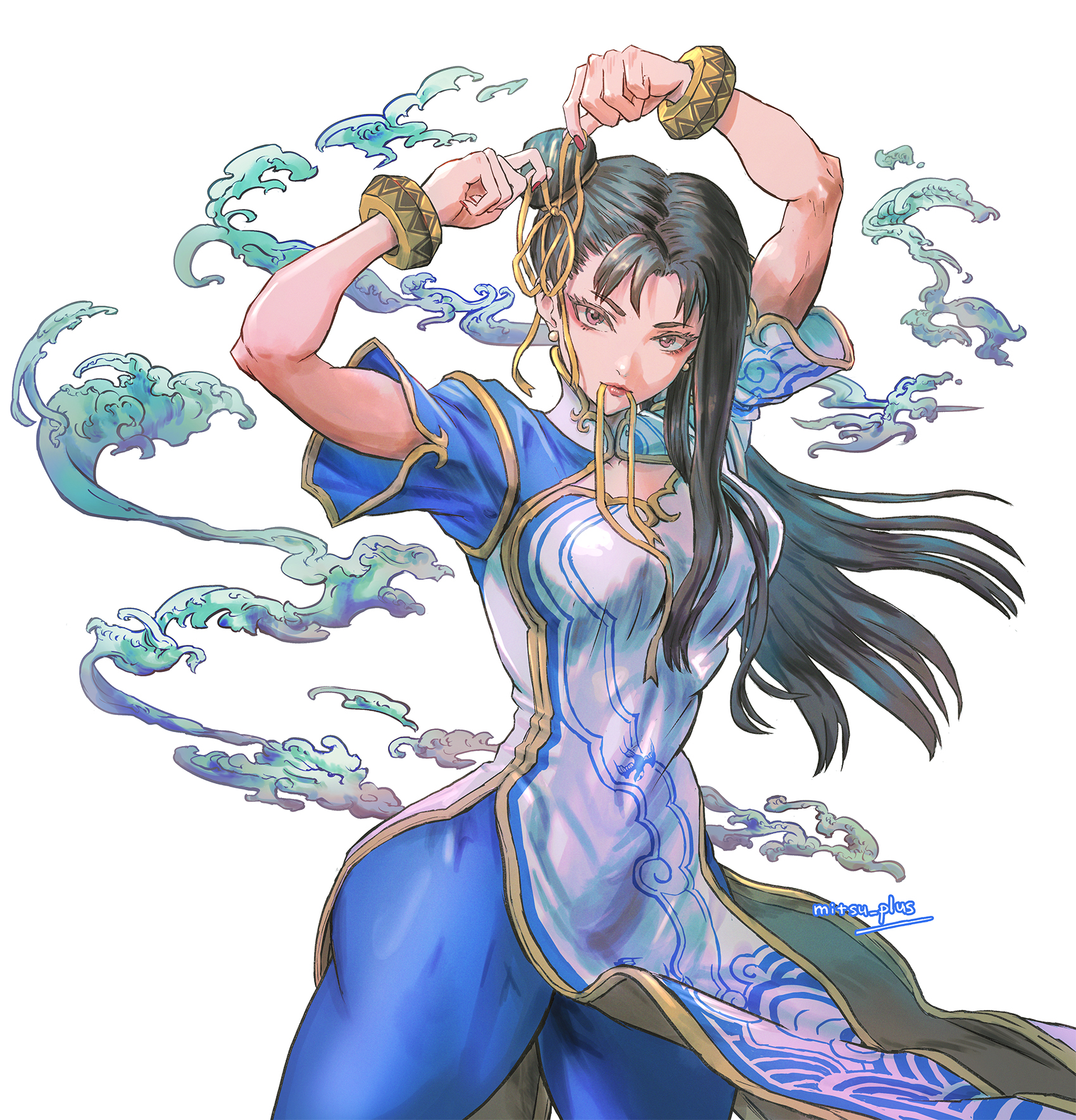 mitsu plus, chun-li, capcom, street fighter, street fighter 6, highres, 1girl, adjusting hair, arms up, artist name, asymmetrical hair, black hair, bracelet, breasts, chinese clothes, clothing cutout, cloud, earrings, hair bun, hair ribbon, jewelry, large breasts, long hair, looking at viewer, mouth hold, pearl earrings, ribbon, ribbon in mouth, signature, simple background, solo, thick thighs, thighs, white background, yellow ribbon