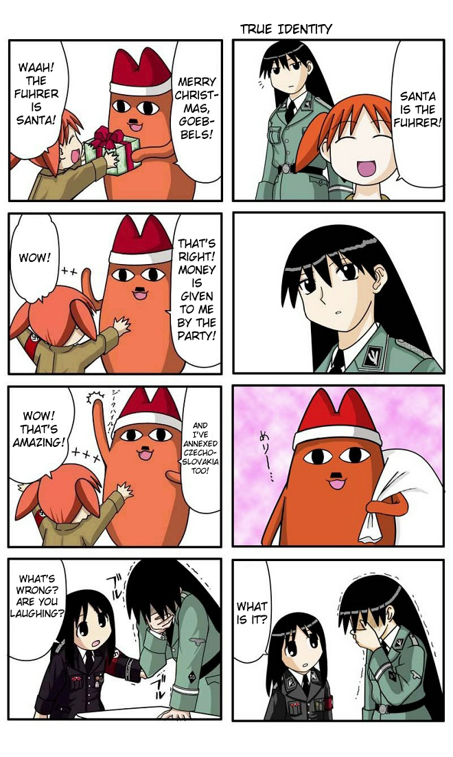adolf hitler, kasuga ayumu, mihama chiyo, mihama chiyo's father, sakaki (azumanga daioh), azumanga daiou, real life, hard-translated, third-party edit, 1boy, 3girls, 4koma, armband, black hair, box, child, comic, creature, english text, facial hair, gift, gift bag, gift box, hat, laughing, military, military uniform, multiple girls, mustache, nazi, parody, real life insert, santa hat, schutzstaffel, short twintails, swastika, toothbrush mustache, trembling, twintails