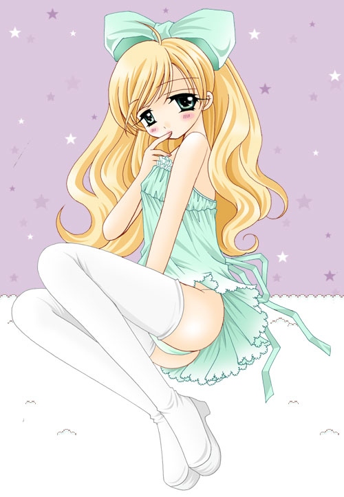 blonde hair, boots, lingerie, long hair, panties, solo, thigh boots, thighhighs, underwear