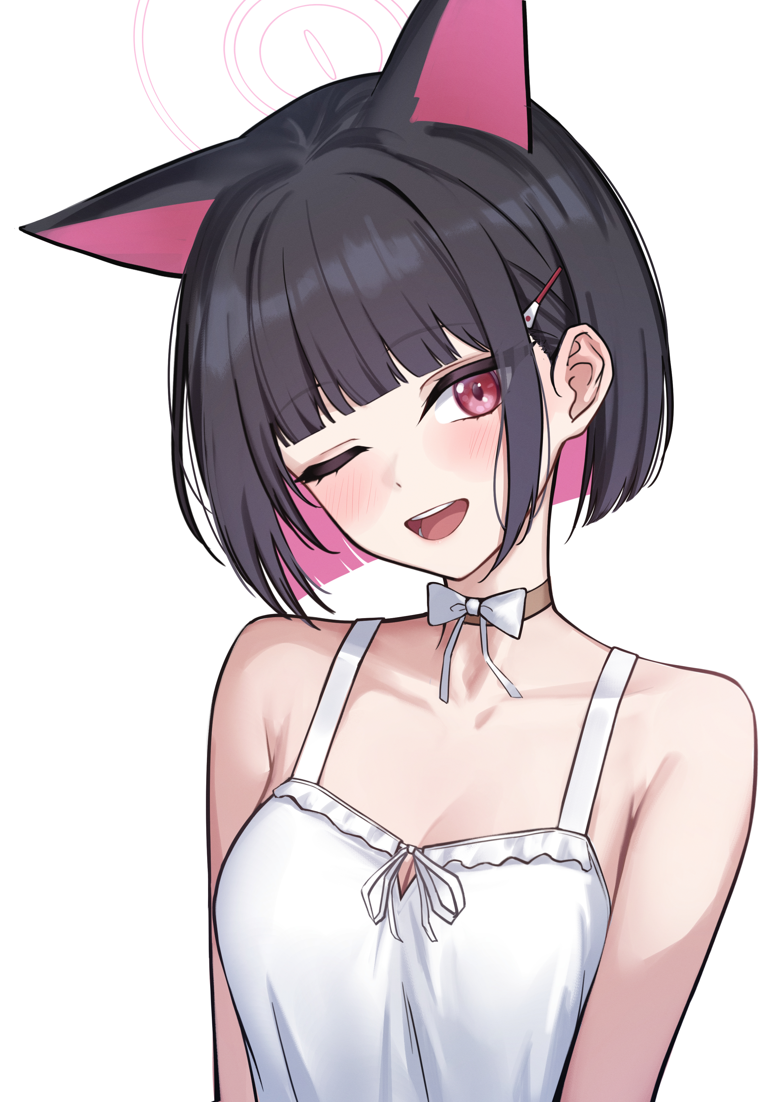 aoi riko, kazusa (blue archive), blue archive, absurdres, commentary request, highres, 1girl, ;d, animal ears, black hair, bow, bowtie, breasts, brown choker, cat ears, cat girl, choker, cleavage, collarbone, colored inner hair, extra ears, hair ornament, hairclip, halo, looking at viewer, medium breasts, multicolored hair, one eye closed, open mouth, pink eyes, pink hair, short hair, simple background, smile, solo, teeth, two-tone hair, upper body, white background, white bow, white bowtie, white halo