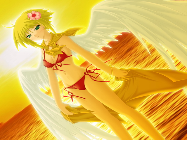 artist request, character request, copyright request, source request, 1girl, angel, angel wings, antenna hair, bandana, beach, bikini, blonde hair, blush, bracelet, breasts, cleavage, covered erect nipples, flower, green eyes, hair flower, hair ornament, holding, holding towel, jewelry, looking at viewer, navel, necklace, ocean, orange sky, pink flower, red bikini, short hair, side-tie bikini bottom, sidelocks, sky, small breasts, smile, solo, standing, sun, sunset, swimsuit, towel, water, wings, yellow bandana