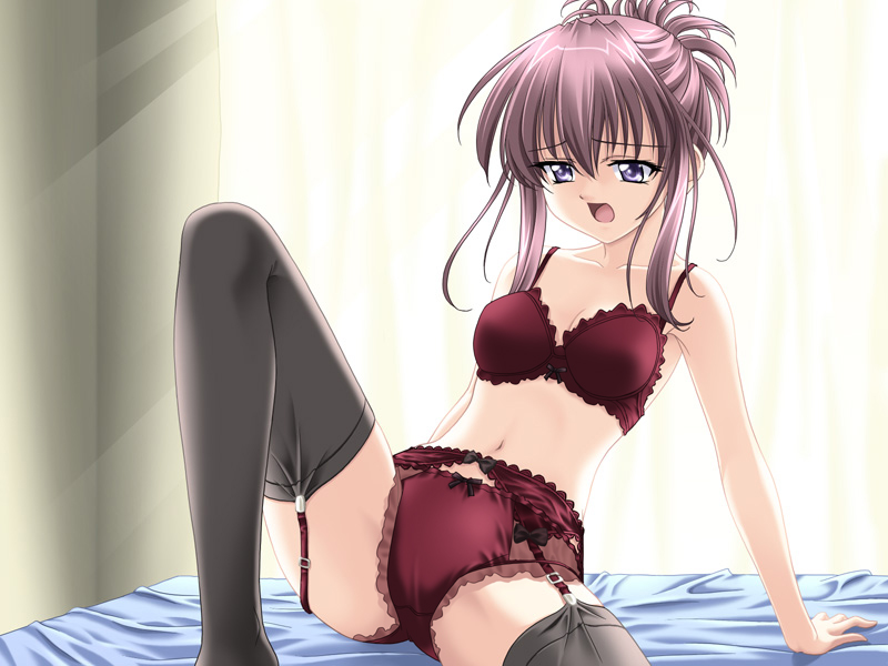 chikage (sister princess), sister princess, 00s, 1girl, arm support, black thighhighs, bra, curtains, female focus, frilled bra, frilled panties, frills, garter belt, garter straps, knee up, leaning back, light rays, lingerie, navel, open mouth, panties, purple eyes, purple hair, red bra, red panties, sitting, solo, thighhighs, underwear, underwear only