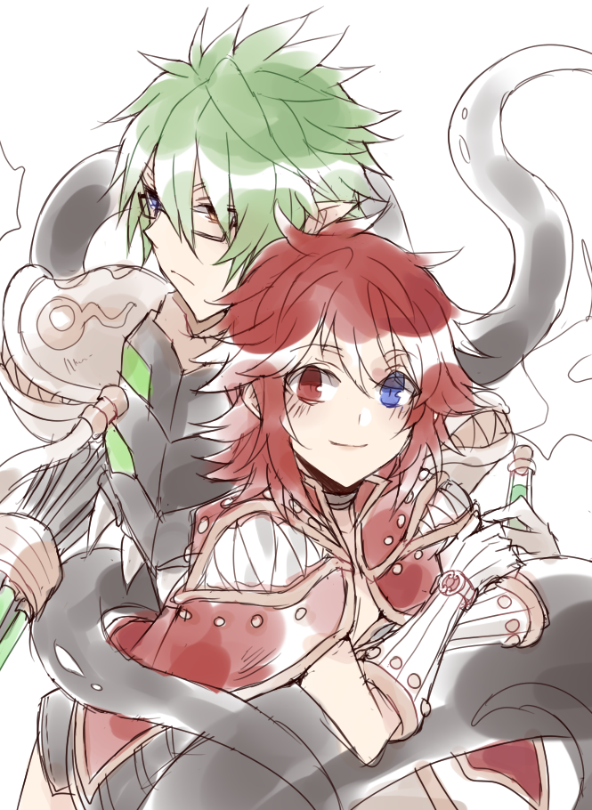 creator (ragnarok online), genetic (ragnarok online), ragnarok online, 1boy, 1girl, armor, astrarunia, blue eyes, breastplate, cape, closed mouth, gloves, green hair, hair between eyes, heterochromia, long bangs, long hair, looking at viewer, pauldrons, pointy ears, potion, red cape, red eyes, short hair, shoulder armor, simple background, smile, spiked hair, upper body, vial, white background, white gloves