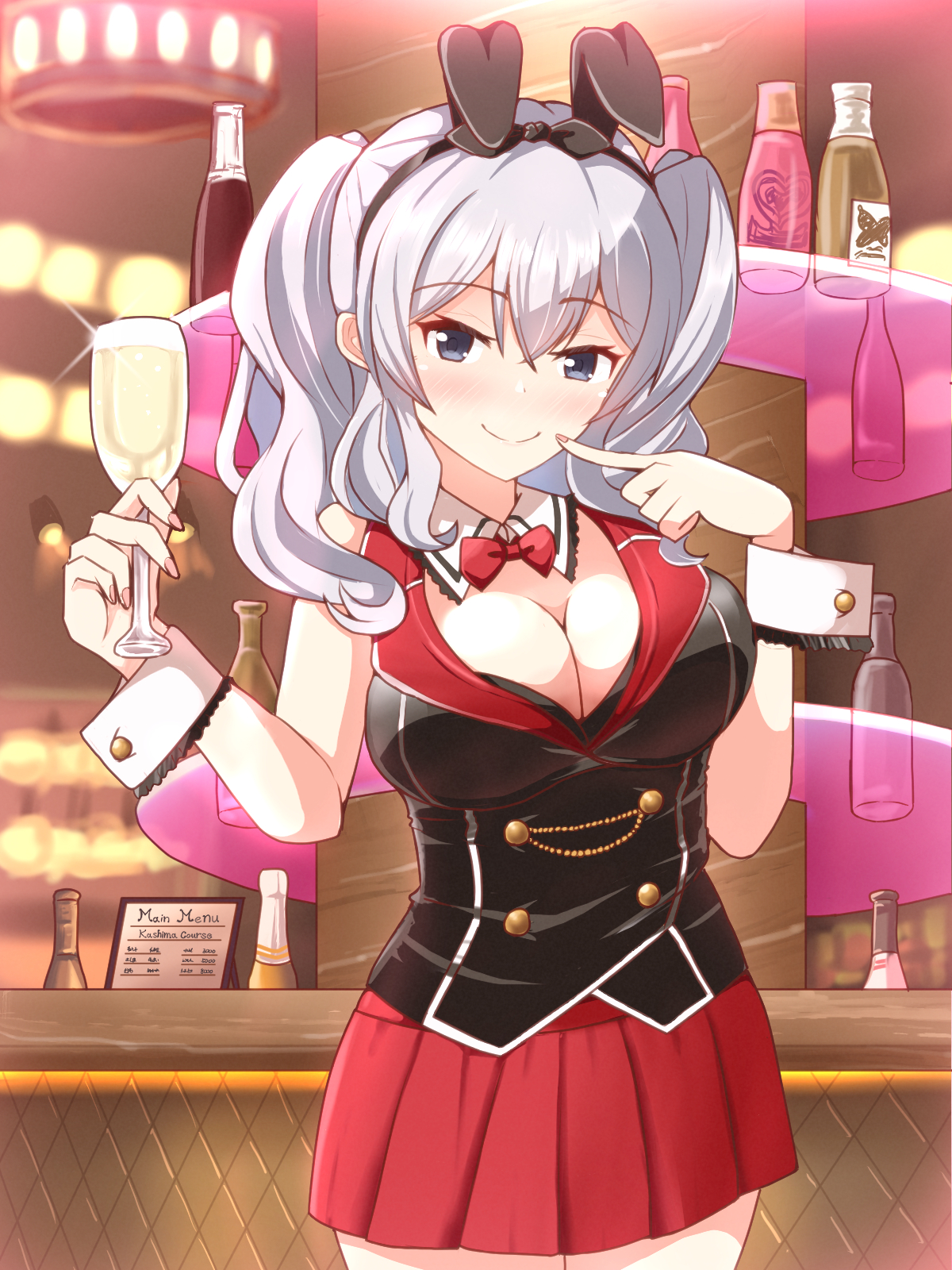 sawatani (chevalier 04056), kana (bunny garden), kashima (kancolle), bunny garden, kantai collection, highres, 1girl, animal ear hairband, animal ears, black vest, blue eyes, bow, bowtie, breasts, bunny day, buttons, collared vest, cosplay, cup, double-breasted, drinking glass, fake animal ears, grey hair, hairband, holding, holding cup, hostess, kana (bunny garden) (cosplay), large breasts, long hair, looking at viewer, miniskirt, nontraditional playboy bunny, pleated skirt, rabbit ear hairband, rabbit ears, red bow, red bowtie, red skirt, skirt, smile, solo, standing, twintails, vest, wavy hair, white wrist cuffs, wrist cuffs