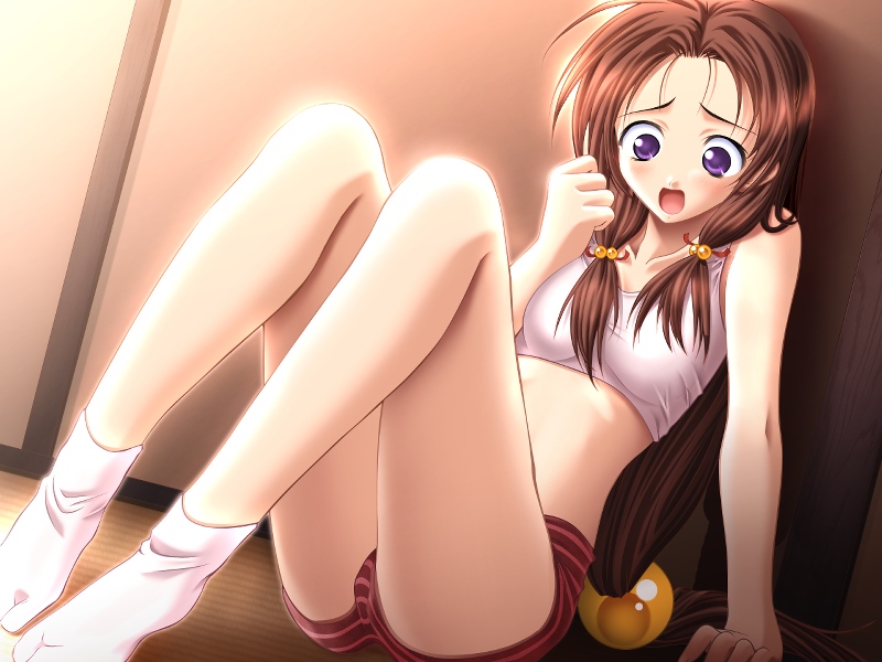 masaharu, sakakibara kukuri, tokidoki sugar, game cg, 1girl, bra, breasts, brown hair, female focus, lingerie, long hair, low-tied long hair, medium breasts, panties, purple eyes, scared, solo, sports bra, underwear, underwear only, very long hair