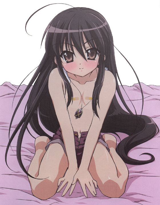 alastor (shakugan no shana), shana, shakugan no shana, nude filter, third-party edit, 00s, 1girl, bandages, bed, black hair, female focus, jewelry, long hair, pendant, solo, topless female