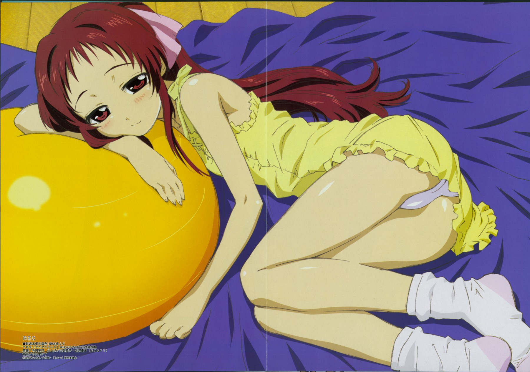 morioka hideyuki, onda aka, megami magazine, pantyshot (lying), rec, highres, official art, scan, 1girl, ball, bed sheet, blush, brown eyes, brown hair, dress, flat chest, frills, hair ribbon, long hair, lying, on floor, on side, panties, pantyshot, ponytail, red eyes, red hair, ribbon, short dress, skirt, sleepy, smile, socks, solo, underwear, upskirt, white panties, yellow dress, yellow skirt