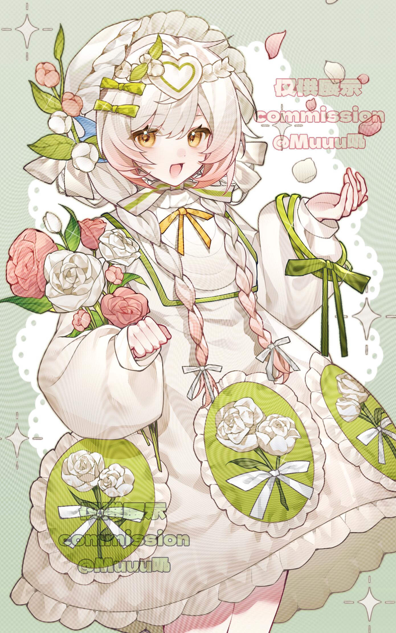 original, bad source, highres, 1girl, :d, artist name, blush, bow, braid, bud, chinese text, dress, english text, flower, frills, gradient hair, green bow, green ribbon, hair bow, hair ornament, heart, holding, long hair, long sleeves, looking at viewer, mixed-language text, multicolored hair, mumuji, open mouth, petals, pink flower, pink hair, pink rose, puffy long sleeves, puffy sleeves, red hair, ribbon, rose, smile, solo, twin braids, watermark, white bow, white dress, white flower, white hair, white rose, yellow eyes