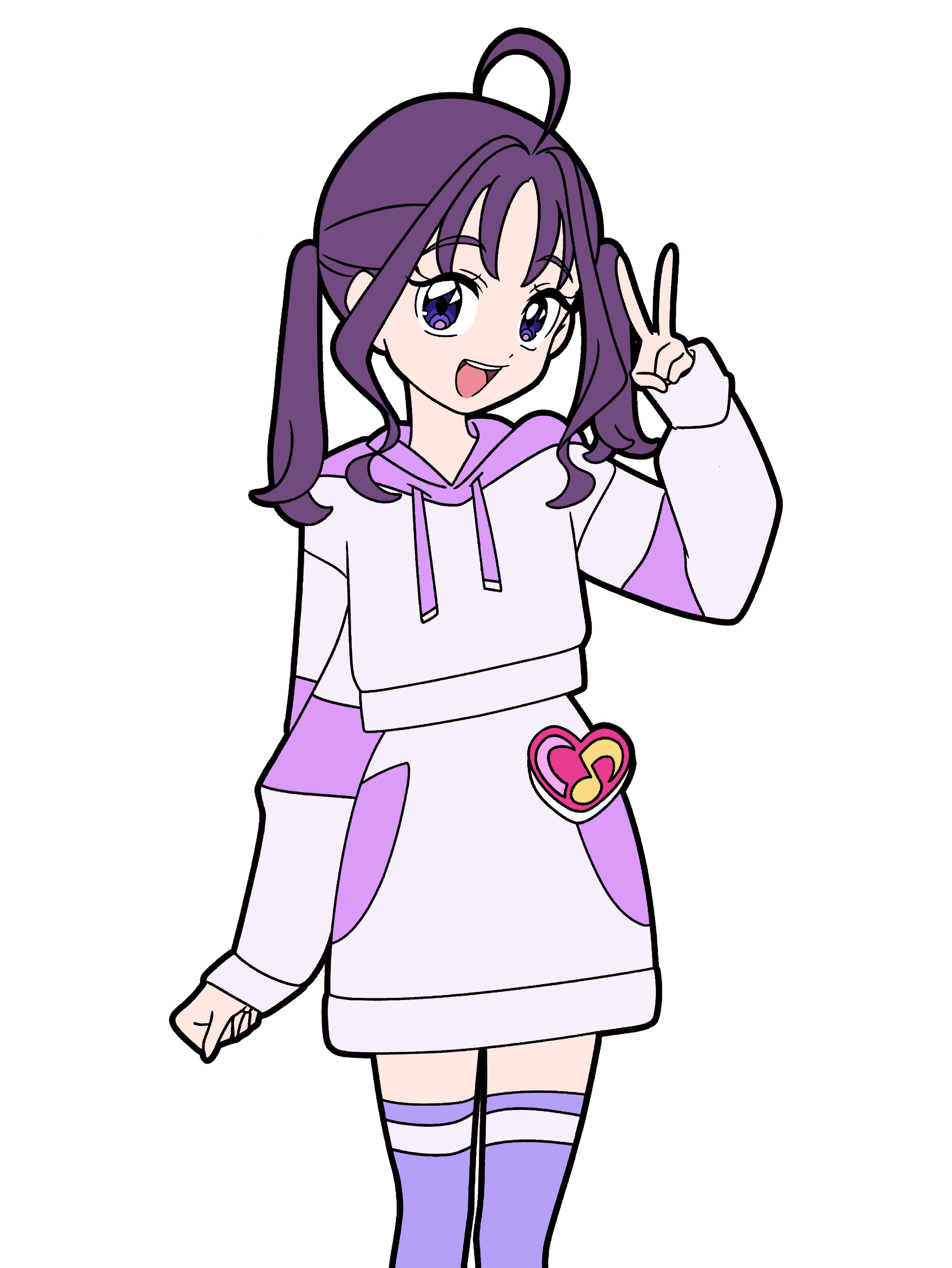masami 01st, shigure kokoro, kimi to idol precure, precure, absurdres, commentary, highres, 1girl, :d, ahoge, brooch, clenched hand, cowboy shot, dot nose, drawstring, hair intakes, hand up, heart, heart brooch, heart brooch holder, hood, hood down, hoodie, idol heart brooch, jewelry, long sleeves, looking at viewer, medium hair, open mouth, purple eyes, purple hair, purple hoodie, purple skirt, purple thighhighs, simple background, skirt, smile, solo, standing, teeth, thighhighs, twintails, upper teeth only, v, white background, zettai ryouiki
