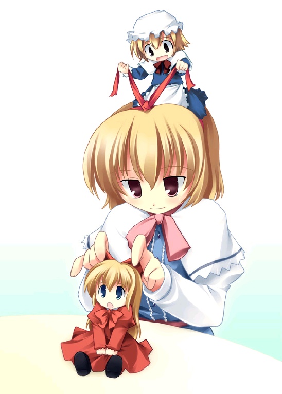 alice margatroid, hourai doll, shanghai doll, touhou, 3girls, :o, blonde hair, blue dress, blue eyes, dress, female focus, hair tie, hat, long hair, multiple girls, no nose, red dress, ribbon, short hair, smile, white background