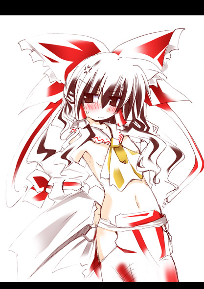 shirogane (platinum), hakurei reimu, touhou, 1girl, anger vein, annoyed, ascot, blush, bow, brown eyes, brown hair, dress, female focus, frown, hair ribbon, hair tubes, hands on own hips, letterboxed, long hair, midriff, naked necktie, navel, necktie, red dress, ribbon, solo, topless female