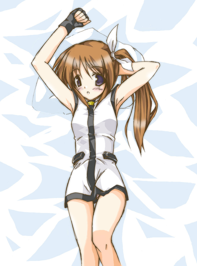 takamachi nanoha, takamachi nanoha (sacred mode), lyrical nanoha, mahou shoujo lyrical nanoha, 00s, 1girl, arm behind head, armpits, arms up, bad anatomy, bed, blue eyes, brown hair, female focus, fingerless gloves, gloves, lying, on back, purple eyes, side ponytail, sleeveless, solo