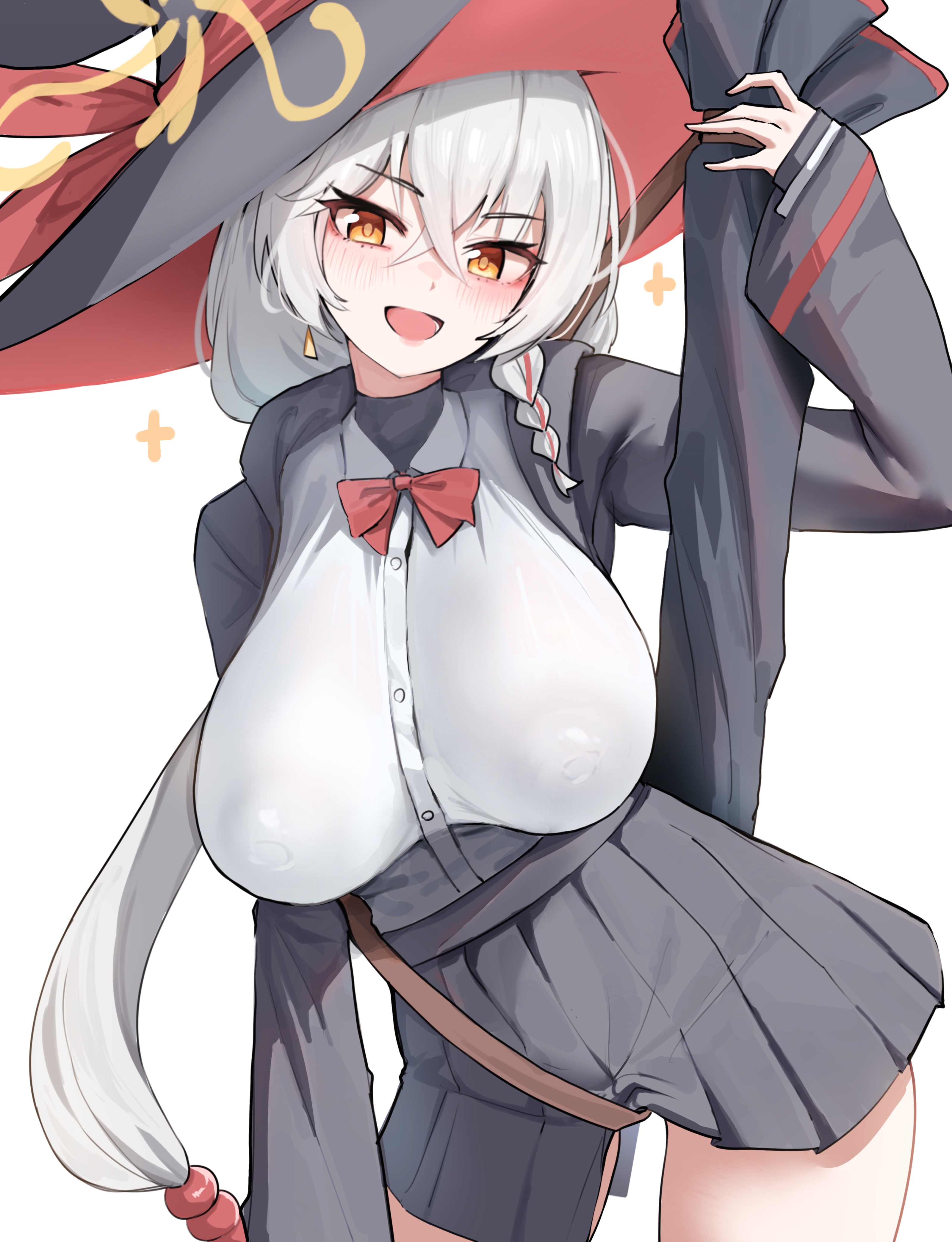 fluffyebi01, eri (blue archive), blue archive, between legs, bow, bowtie, braid, breasts, earrings, halo, hat, jacket, jewelry, large breasts, long coat, long hair, shirt, skirt, sleeves past wrists, sparkle, sweater, white hair, witch hat