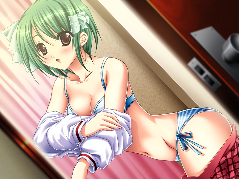shindou mikeko, asakura yayoi, maho gaku, game cg, 1girl, blue panties, blush, bra, brown eyes, clothes pull, door, dutch angle, female focus, green hair, hair ribbon, lingerie, navel, open mouth, panties, ribbon, side-tie panties, skirt, skirt pull, solo, standing, striped clothes, striped panties, tress ribbon, underwear, undressing