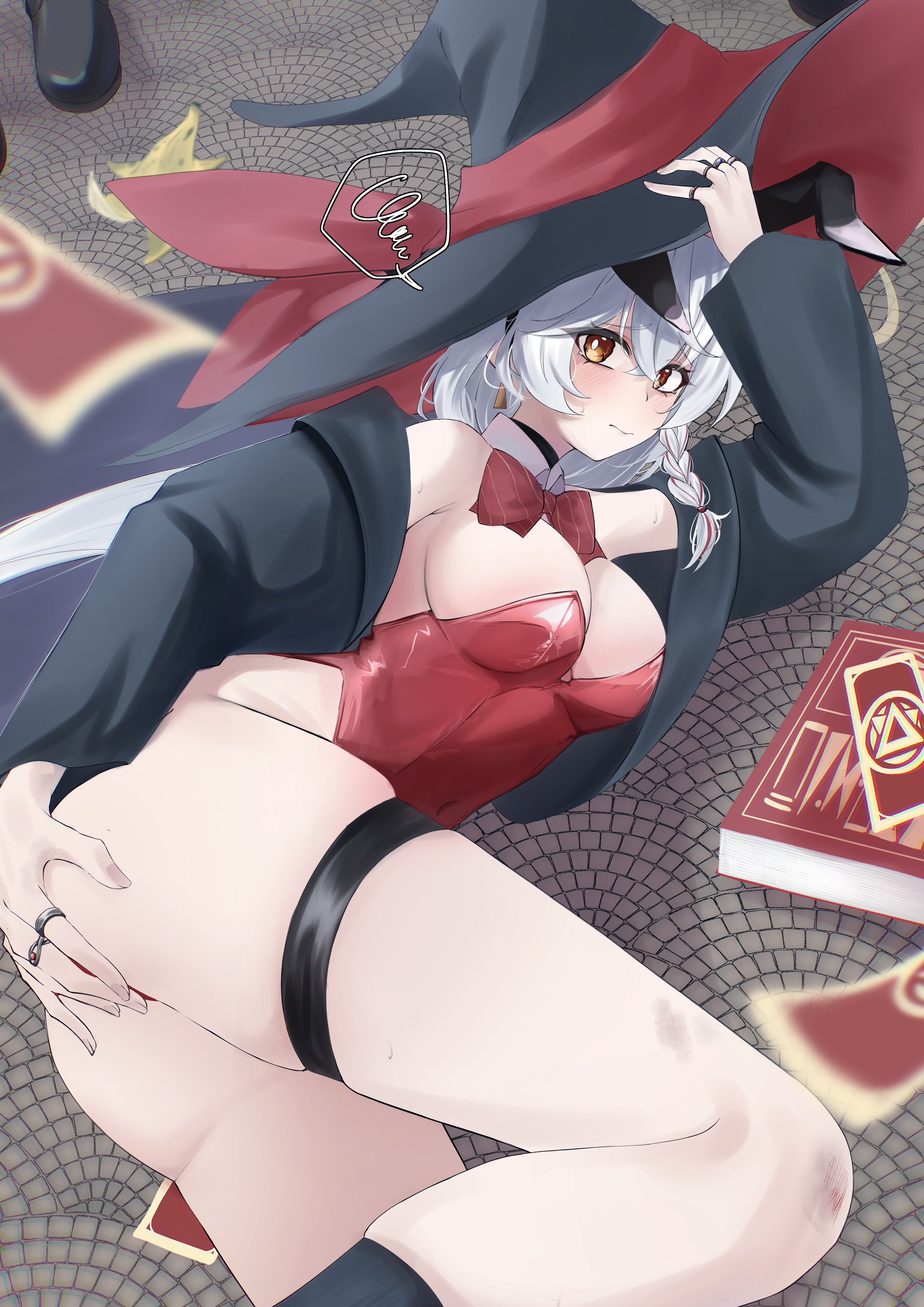 eri (blue archive), blue archive, banana peel, bare shoulders, book, bow, bowtie, braid, breasts, card, cleavage, collar, earrings, embarrassed, grabbing own ass, halo, hat, holding headgear, jacket, jewelry, legs, leotard, long coat, long hair, orange eyes, ring, road, thigh strap, thighs, white hair, witch hat