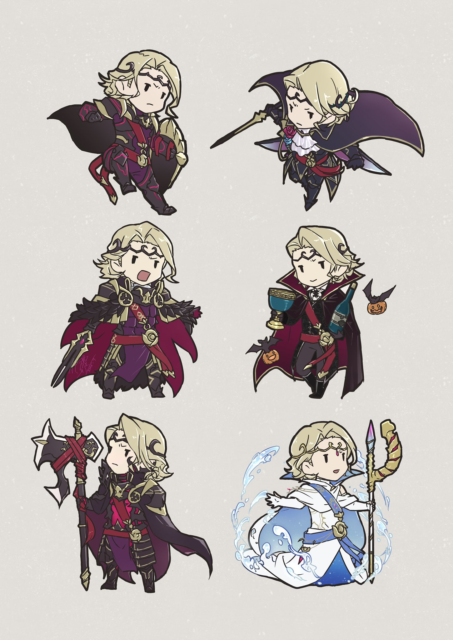 ultrablueanya, xander (fire emblem), xander (gallant king) (fire emblem), fire emblem, fire emblem fates, nintendo, highres, ascot, axe, blonde hair, bolverk, cape, chibi, circlet, holding, holding axe, holding staff, multiple views, open mouth, siegfried (sword), staff, white ascot