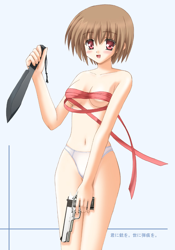 translation request, 1girl, blue background, blush, brown hair, chest sarashi, female focus, gun, handgun, japanese text, knife, m1911, panties, pistol, red eyes, reverse grip, ribbon, sarashi, semi-automatic pistol, short hair, simple background, solo, standing, underwear, weapon, white panties