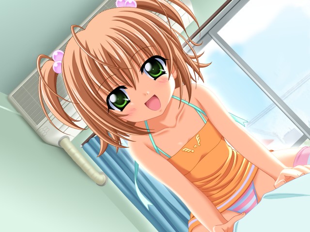 muririn, sin-go, nishimura konomi, nanami to konomi no oshiete abc, studio ring, game cg, 1girl, bare shoulders, brown hair, female focus, green eyes, loli, open mouth, panties, pantyshot, short twintails, solo, striped clothes, striped panties, twintails, underwear