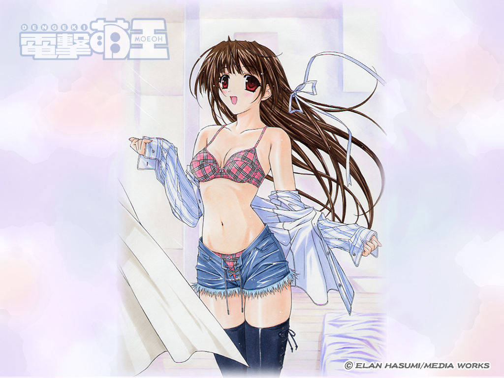 hasumi elan, dengeki moeoh, striped, 1girl, bra, breasts, brown hair, cleavage, cutoffs, denim, denim shorts, female focus, lingerie, long hair, navel, open clothes, open fly, open shirt, panties, plaid bra, plaid clothes, plaid panties, red bra, red eyes, red panties, shirt, shorts, skindentation, small breasts, solo, thighhighs, underwear, undressing, unzipped