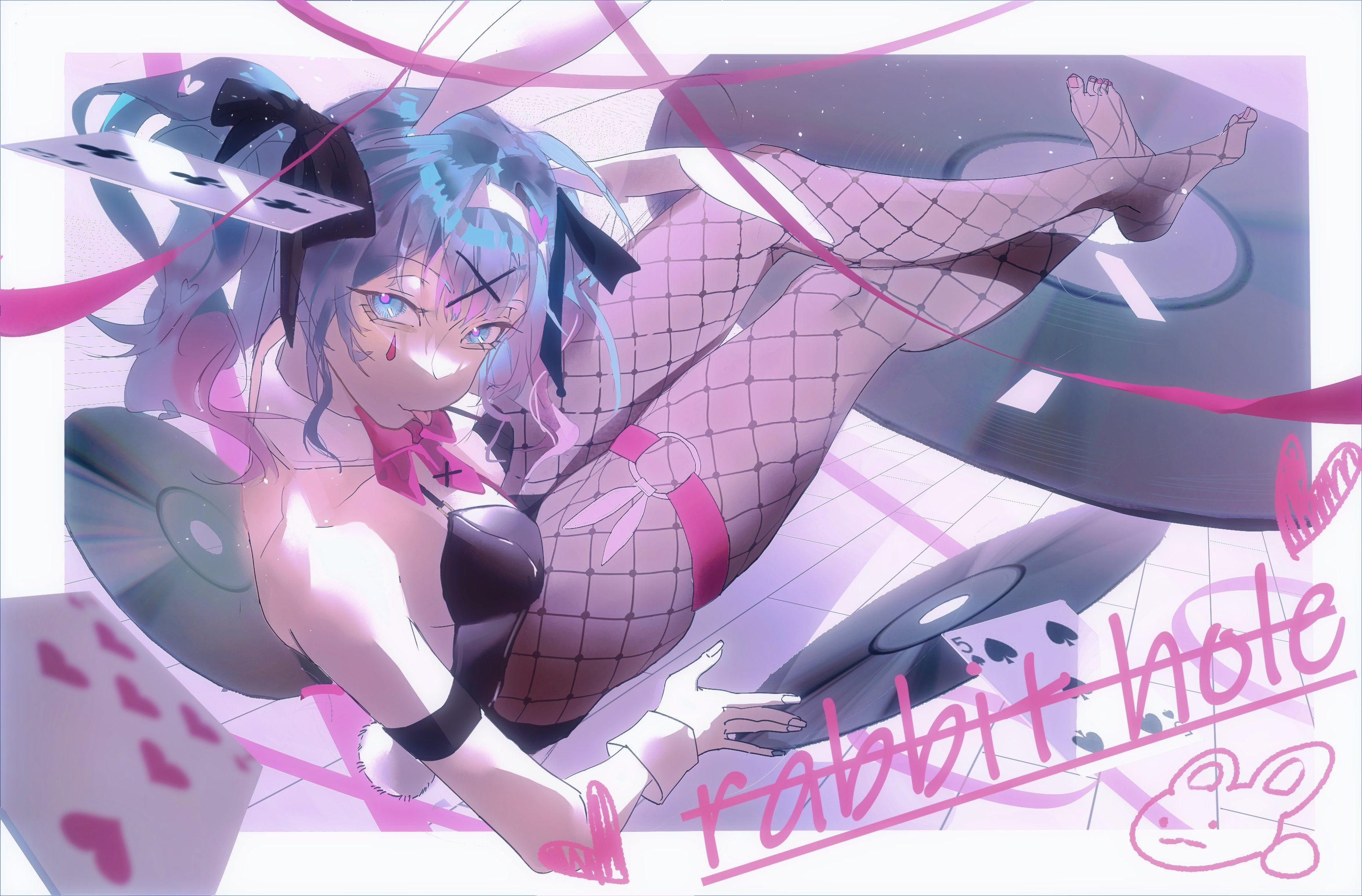 biquan dogger, hatsune miku, rabbit hole (vocaloid), vocaloid, highres, 1girl, :p, animal ears, bare shoulders, black bow, black leotard, black pantyhose, blue eyes, blue hair, bow, bowtie, breasts, card, crossed ankles, detached collar, english text, fishnet pantyhose, fishnets, from above, full body, hair bow, hair ornament, leotard, looking at viewer, medium breasts, no shoes, o-ring, o-ring thigh strap, pantyhose, pink bow, pink bowtie, pink pupils, playboy bunny, playing card, rabbit ears, rabbit tail, seven of hearts, sitting, solo, strapless, strapless leotard, tail, teardrop facial mark, thigh strap, three of clubs, tongue, tongue out, vinyl record, white wrist cuffs, wrist cuffs, x hair ornament