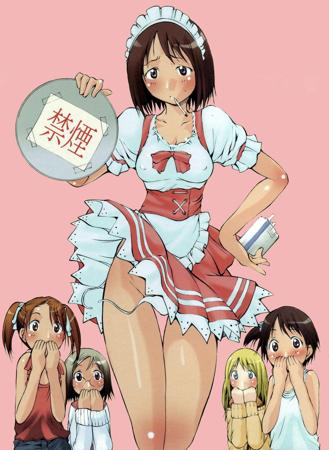 mikoshiro nagitoh, mikoshiro nagitoo, ana coppola, itou chika, itou nobue, matsuoka miu, sakuragi matsuri, ichigo mashimaro, untied, highres, translated, 5girls, apron, blouse, blush, bow, brown eyes, brown hair, cigarette, dress, headdress, lingerie, loli, maid, maid apron, multiple girls, no smoking, panties, petticoat, pinafore dress, red dress, red skirt, shirt, short hair, siblings, side-tie panties, sisters, skirt, sleeveless, sleeveless dress, smoking, standing, thigh gap, thighs, underwear, waitress, wardrobe malfunction, white panties, wind, wind lift