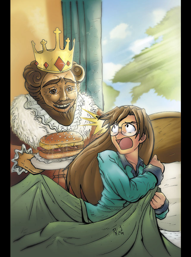 peter huu nguyen, mizuhara koyomi, the king, azumanga daiou, burger king, source request, ^^^, beard, burger, crown, enormous omelet sandwich, facial hair, food, glasses, grease, mustache, pajamas, parody, surprised, what, you gonna get raped