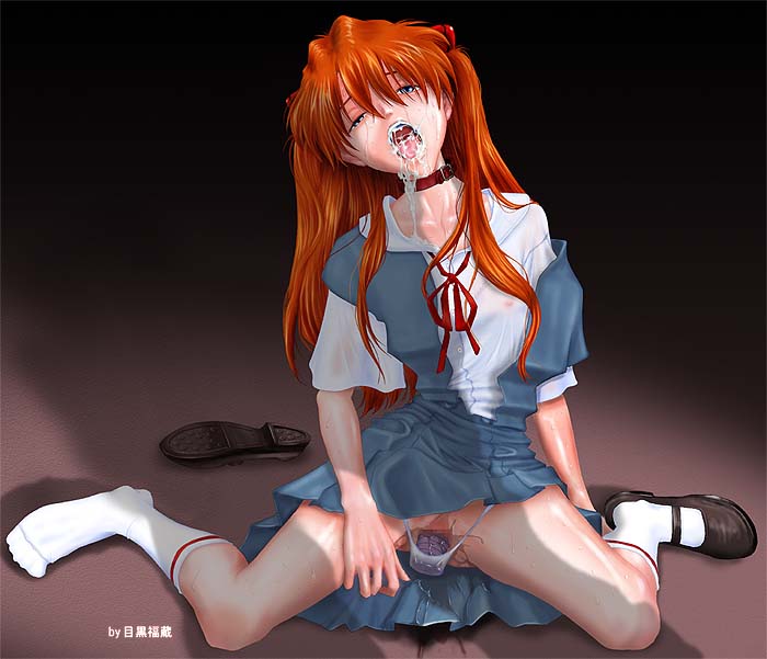 meguro fukuzou, souryuu asuka langley, neon genesis evangelion, eyebrows, 1girl, after fellatio, aftersex, bdsm, bondage, bound, bow, bowtie, brown shoes, censored, choker, clothes lift, collar, collarbone, covered erect nipples, cum, cum in mouth, cum on body, cum on tongue, cumdrip, dildo, dildo under clothes, dildo under panties, dress, facial, facing viewer, feet, female focus, floor, fucked silly, gradient background, hair ornament, half-closed eyes, head tilt, interface headset (evangelion), kneehighs, leash, long hair, looking at viewer, mary janes, mosaic censoring, nipples, nose, object insertion, on floor, open mouth, orange hair, panties, pussy, pussy juice, pussy juice trail, red choker, red hair, saliva, school uniform, see-through clothes, serafuku, sex toy, shiny skin, shoes, short sleeves, single shoe, sitting, skirt, skirt lift, slave, socks, solo, spiked dildo, spread legs, tears, teeth, tokyo-3 middle school uniform, tongue, tongue out, twintails, underwear, vaginal, vaginal object insertion, vibrator, vibrator under clothes, vibrator under panties, wariza, white socks