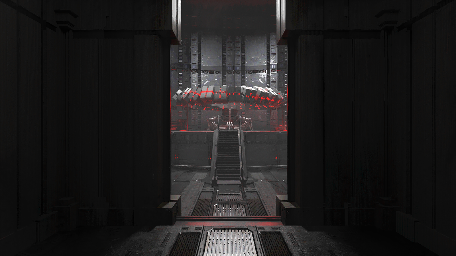 arknights, game cg, highres, official art, third-party source, dark, doorway, indoors, no humans, pcs system (arknights), pov doorway, server room, stairs, underground