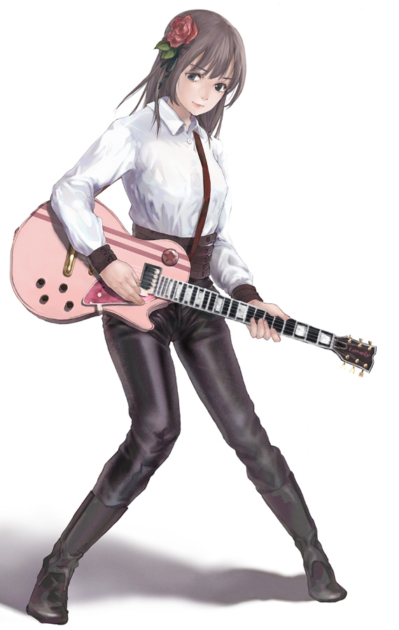 majiro (mazurka), 1girl, blue eyes, brown hair, electric guitar, female focus, flower, guitar, hair flower, hair ornament, instrument, leather, rose, solo