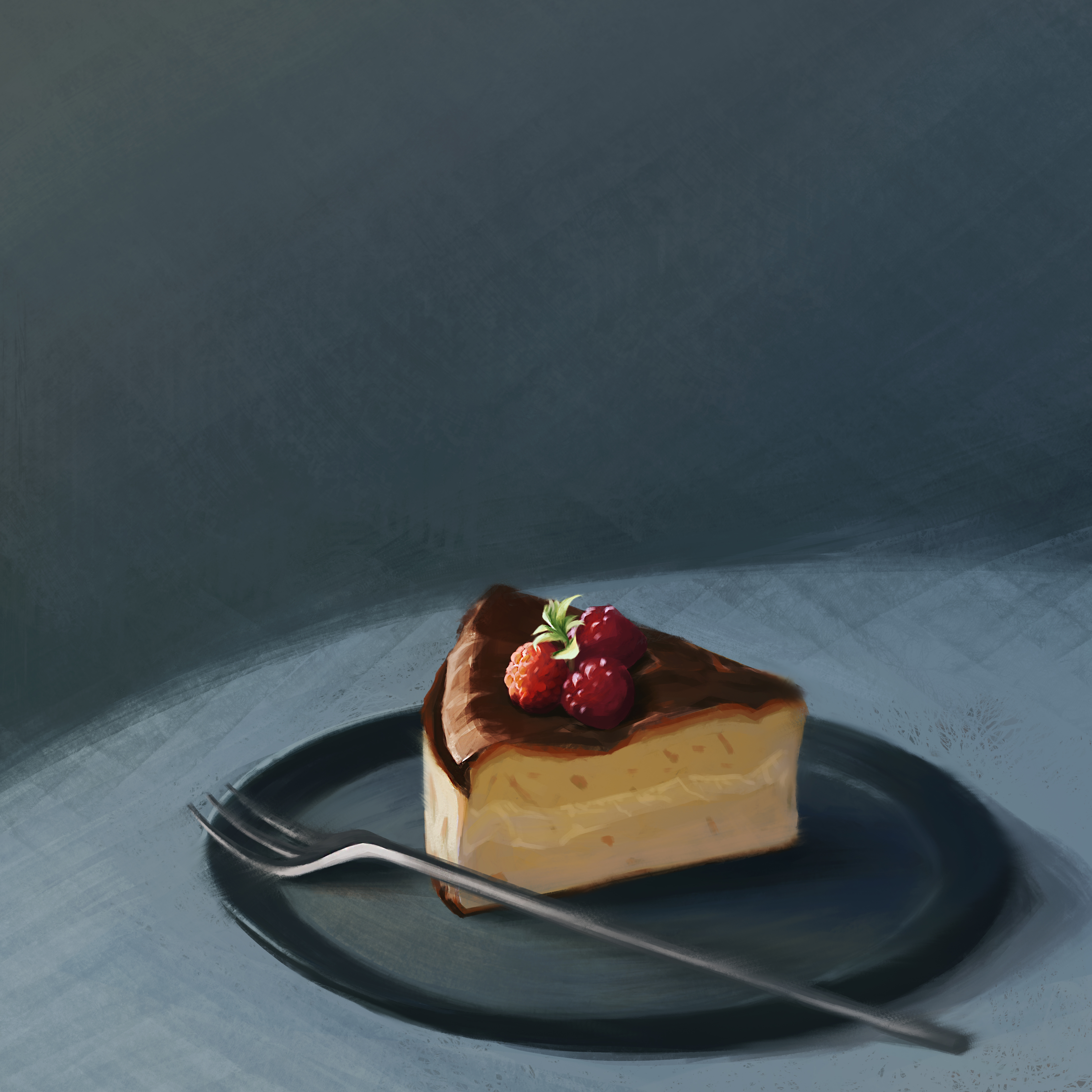 qingli ye, original, absurdres, highres, cheesecake, food, food focus, fork, fruit, no humans, plate, still life