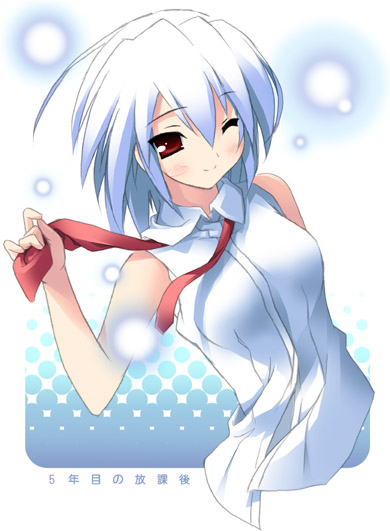 kantoku, kotonomiya yuki, suigetsu, 1girl, ;), arm behind back, bare arms, bare shoulders, blush, collared shirt, dress shirt, female focus, necktie, one eye closed, red eyes, red necktie, shirt, sleeveless, sleeveless shirt, smile, solo, undone necktie, upper body, white hair, white shirt