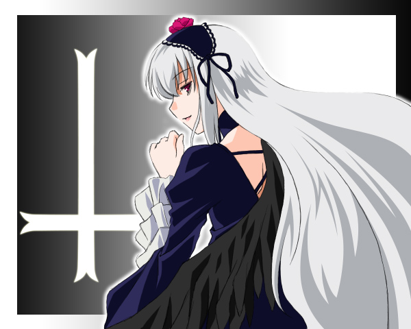 umekichi, suigintou, rozen maiden, 00s, 1girl, cross, dress, female focus, goth fashion, hair ornament, inverted cross, latin cross, long hair, red eyes, solo, wings