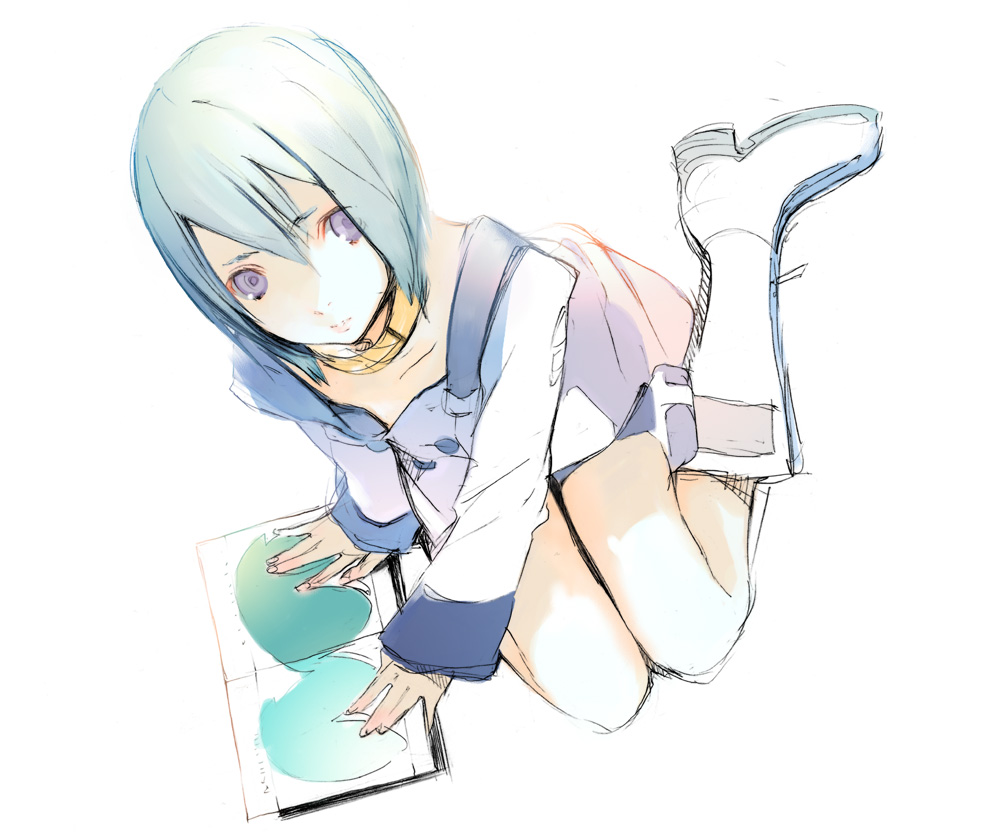 houden eizou, eureka (eureka seven), eureka seven, eureka seven (series), 00s, 1girl, book, boots, female focus, green hair, open book, purple eyes, reading, short hair, sketch, solo, white boots