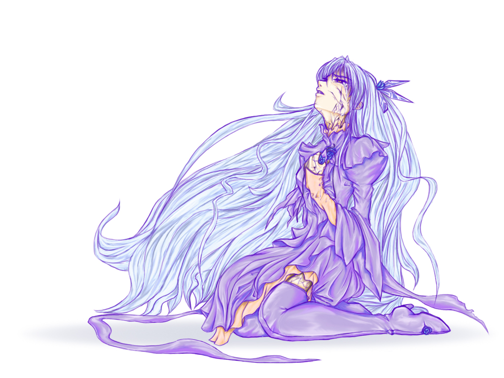barasuishou, rozen maiden, light purple hair, 00s, 1girl, boots, brown eyes, crying, crying with eyes open, dress, female focus, long hair, purple dress, simple background, sitting, solo, tears, thigh boots, thighhighs, very long hair, white background