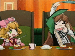 hinaichigo, suiseiseki, rozen maiden, animated, animated gif, anime screenshot, lowres, 00s, 2girls, blonde hair, bow, crocodile, crocodilian, headscarf, heterochromia, multiple girls, pink bow, white headscarf