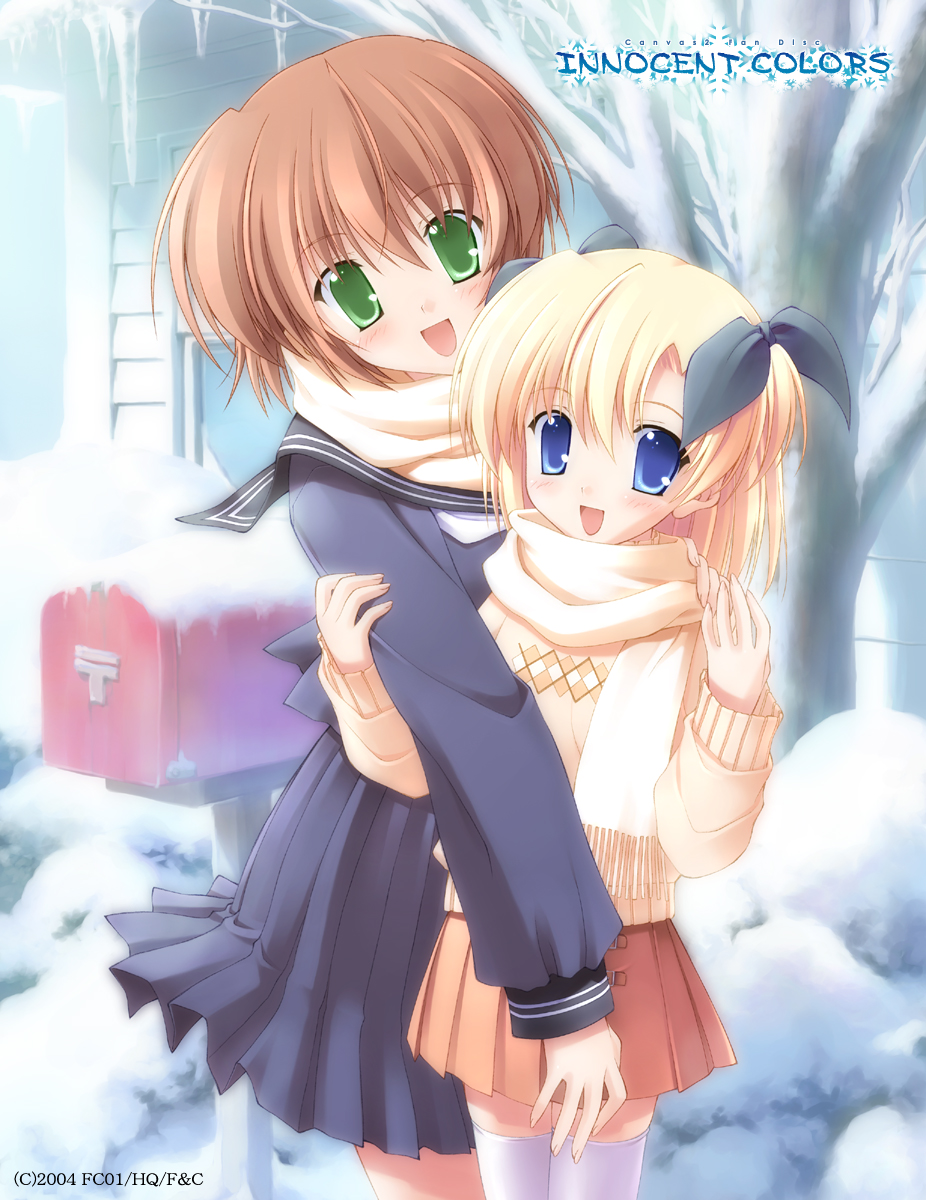 kiri, housen elis, kikyou kiri, canvas (cocktail soft), canvas 2, highres, 00s, 2girls, blonde hair, blue eyes, blush, brown hair, green eyes, hair ribbon, long sleeves, mailbox, multiple girls, pleated skirt, ribbon, sailor collar, scarf, skirt, thighhighs, winter, winter clothes, zettai ryouiki