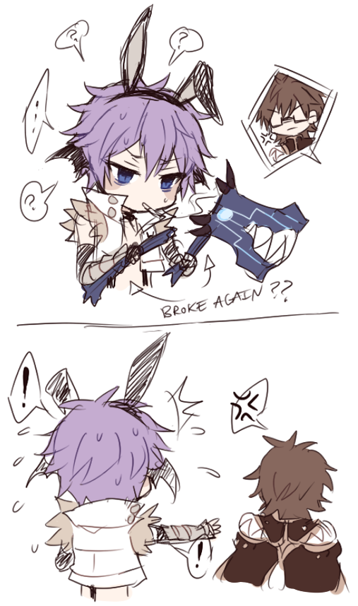 creator (ragnarok online), whitesmith (ragnarok online), ragnarok online, !, 2boys, anger vein, animal ears, astrarunia, black cape, black wings, blue eyes, brown hair, cape, cigarette, closed mouth, demon wings, english text, fake animal ears, hammer, head wings, holding, holding hammer, looking at another, male focus, multiple boys, open clothes, open shirt, purple hair, rabbit ears, shirt, simple background, sleeveless, sleeveless shirt, spoken anger vein, spoken exclamation mark, upper body, white background, white shirt, wings