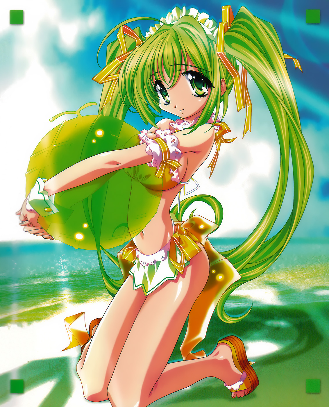 sugiyama genshou, melon-chan, melonbooks, highres, 1girl, bikini, bow, breasts, day, female focus, green eyes, green hair, large breasts, long hair, maid, maid bikini, maid headdress, matching hair/eyes, sandals, see-through clothes, solo, string bikini, swimsuit, tieback, twintails, unconventional maid, very long hair, yellow bow