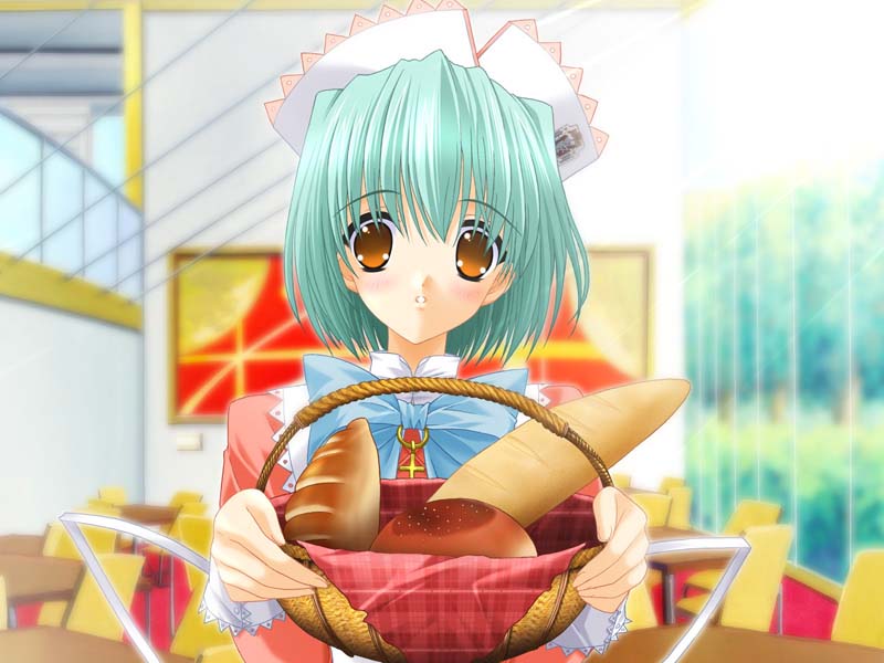 new ~maid-san no gakkou~, game cg, 1girl, basket, bread, female focus, food, green hair, maid, solo