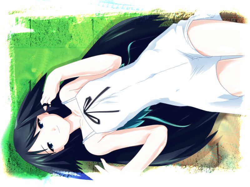 saya (saya no uta), saishuu shiken kujira, saya no uta, 00s, 1girl, black eyes, black hair, dress, female focus, from above, long hair, lying, smile, solo