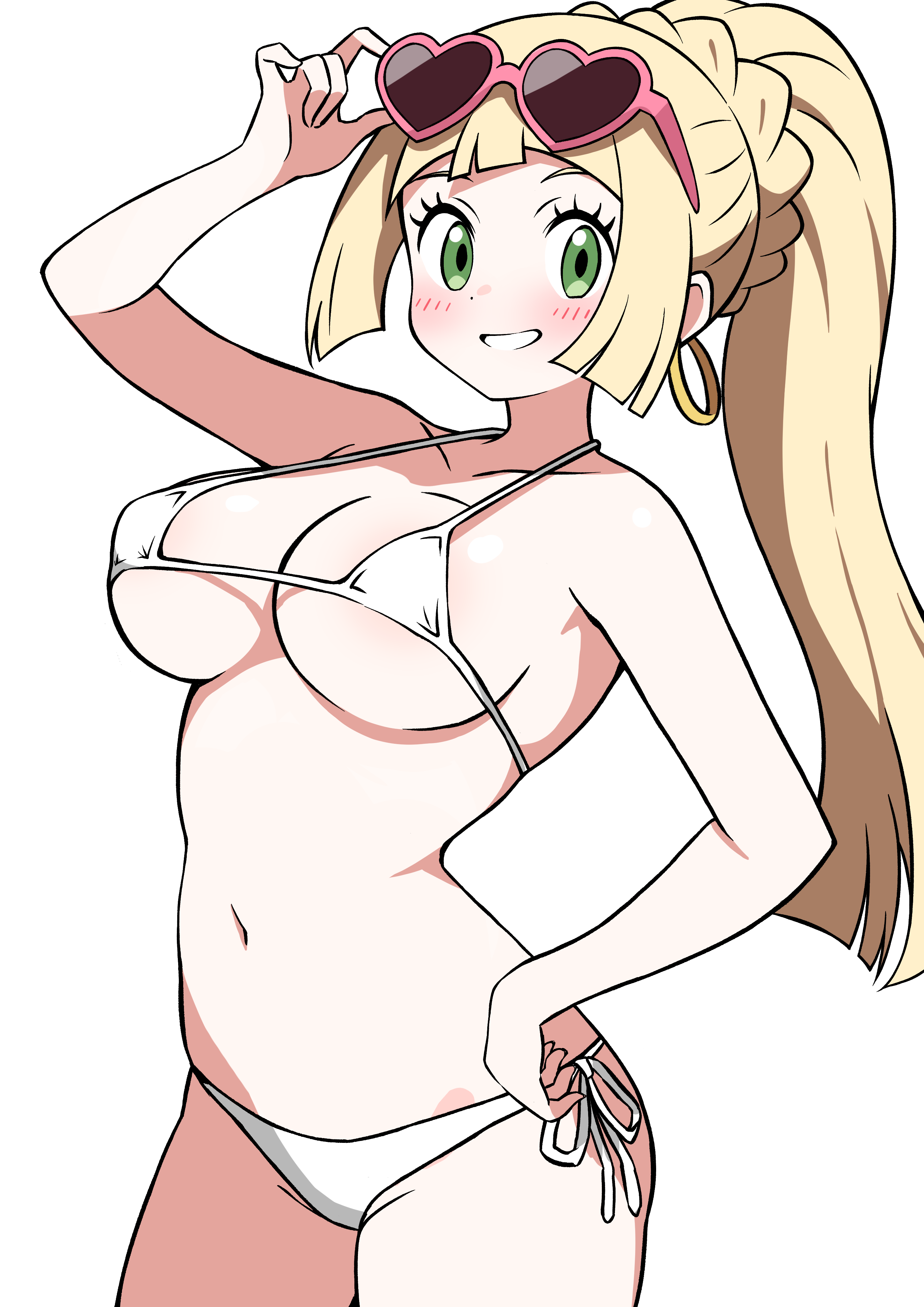 ecgg (tsuji418477), lillie (pokemon), nintendo, pokemon, pokemon sm, absurdres, commentary request, commission, highres, pixiv commission, 1girl, bikini, blonde hair, breasts, earrings, eyewear on head, green eyes, grin, heart, heart-shaped eyewear, hoop earrings, jewelry, large breasts, long hair, looking at viewer, micro bikini, navel, ponytail, side-tie bikini bottom, simple background, smile, solo, sunglasses, swimsuit, white background, white bikini
