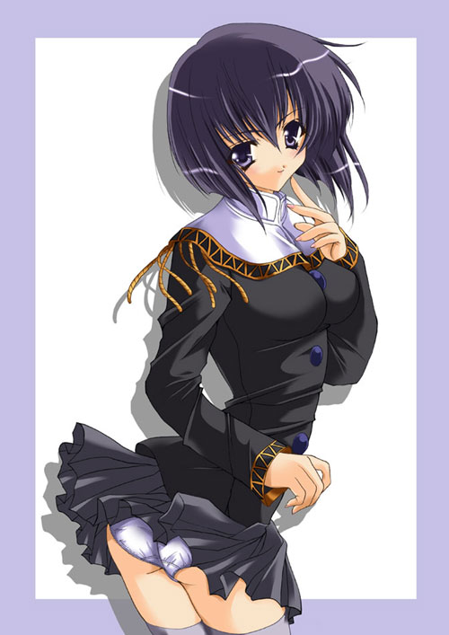 murasame shion, seraphim call, 1990s (style), 1girl, ass, black dress, dress, female focus, looking back, miniskirt, panties, pantyshot, pleated skirt, purple hair, retro artstyle, short hair, simple background, skirt, solo, standing, thighhighs, underwear, upskirt, white panties