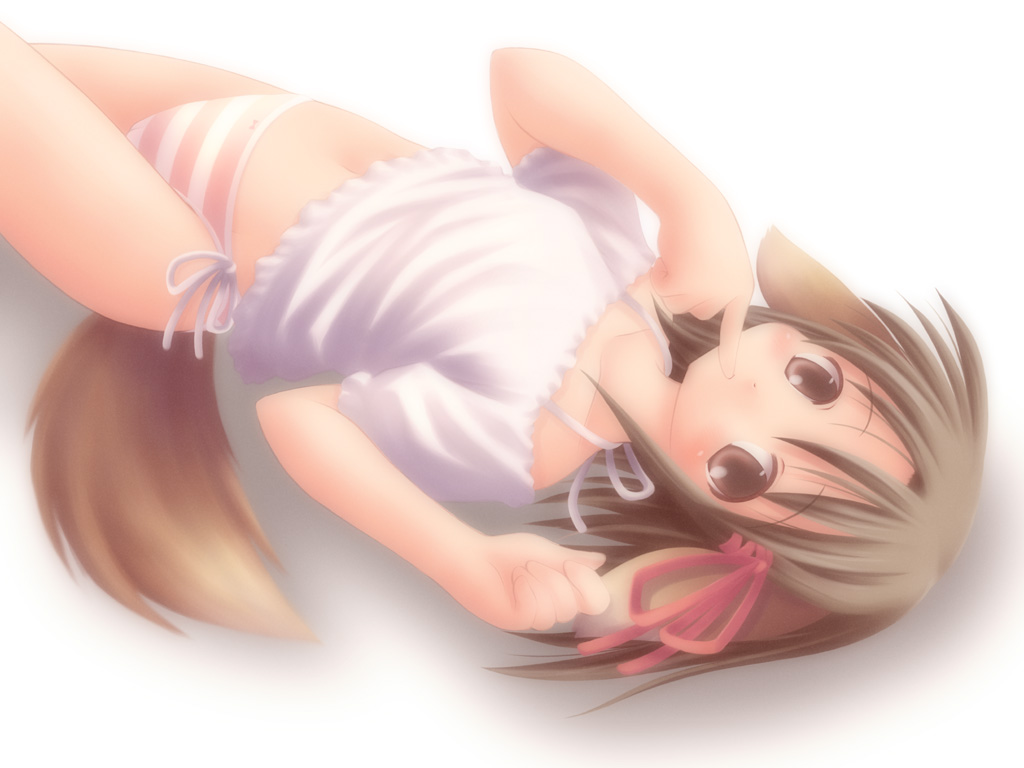 kurasawa makoto, original, resized, upscaled, 1girl, animal ears, bow, brown eyes, brown hair, dog ears, dog tail, female focus, finger to mouth, hair bow, hair ribbon, lingerie, loli, lying, on back, panties, ribbon, side-tie panties, solo, striped clothes, striped panties, tail, underwear