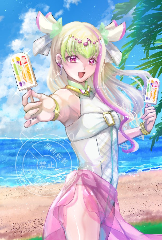 waka (negronoir), cure zukyuun, purirun (precure), kimi to idol precure, precure, 1girl, armpits, artist name, bare arms, bare legs, bare shoulders, beach, blonde hair, blue sky, blunt bangs, buttons, choker, cloud, cloudy sky, diamond button, earrings, floating hair, food, fortissimo, fruit, gingham, gradient hair, green hair, hair extensions, hair ornament, hair wings, holding, holding food, holding ice cream, ice cream, jewelry, leaf, long hair, multicolored hair, multiple earrings, musical note, musical note hair ornament, ocean, one-piece swimsuit, open mouth, pearl earrings, pink eyes, pink hair, purirun (civilian) (precure), reaching, reaching towards viewer, ribbon, ribbon choker, sand, scarf belt, see-through scarf, sideways, sky, smile, solo, solo focus, standing, summer, swimsuit, tree, twitter username, watermark, white one-piece swimsuit, wing hair ornament, wrist cuffs