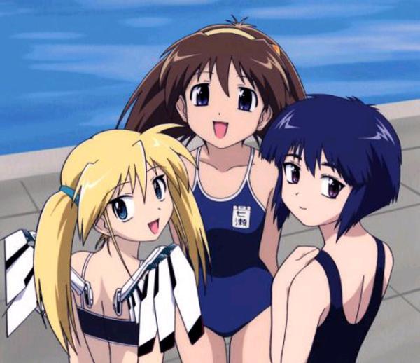 asakura rin, nagaoka shiki, nanase narue, narue no sekai, 3girls, :d, bare shoulders, blonde hair, blue eyes, blue hair, blue one-piece swimsuit, brown eyes, brown hair, clothes writing, competition school swimsuit, looking at viewer, looking back, looking up, mechanical wings, multiple girls, name tag, one-piece swimsuit, open mouth, pool, poolside, purple eyes, school swimsuit, smile, standing, swimsuit, twintails, wings