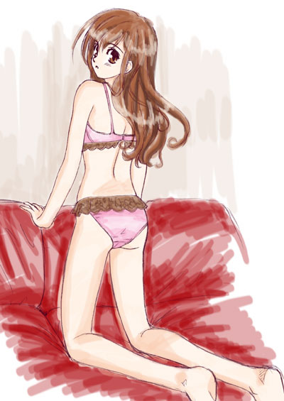 original, 1girl, :o, ass, barefoot, blush, bra, brown eyes, brown hair, couch, female focus, kneeling, lingerie, looking at viewer, panties, parted lips, solo, underwear, underwear only