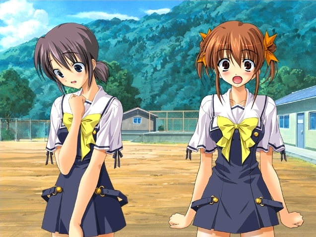 fumio (ura fmo), sakura chika, yuunagi mio, sorauta, game cg, 2girls, :o, blush, bow, brown hair, day, embarrassed, grey hair, multiple girls, open mouth, outdoors, school uniform, serafuku, short twintails, surprised, twintails