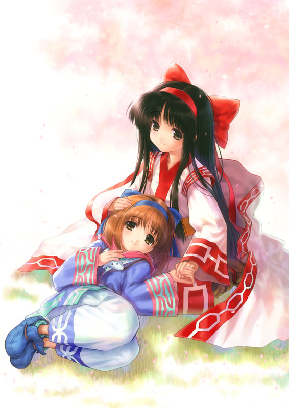 goto p, nakoruru, rimururu, samurai spirits, traditional clothes, 2girls, ainu clothes, black hair, bow, brown eyes, brown hair, collarbone, grass, hairband, jewelry, long hair, looking at viewer, lying, multiple girls, necklace, on back, red bow, siblings, sidelocks, sisters, smile, very long hair, yuri