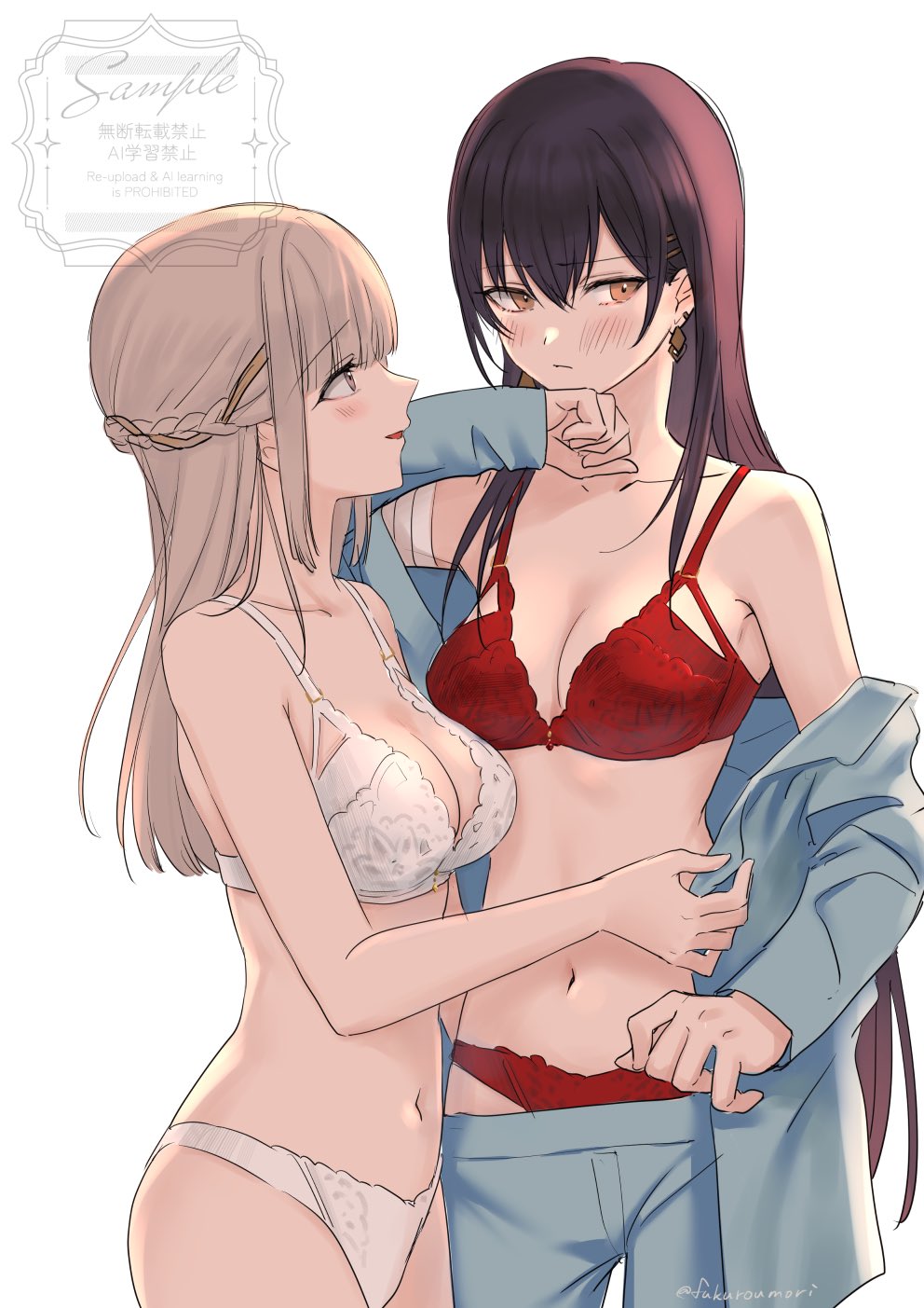 fukuroumori, hakuchou (towa tsugai), karasu (towa tsugai), towa tsugai, commentary request, highres, 2girls, artist name, averting eyes, blonde hair, blue pants, blue shirt, blunt bangs, blush, bra, braid, breasts, cleavage, closed mouth, collarbone, diamond earrings, earrings, hair between eyes, half up braid, hand up, jewelry, large breasts, long bangs, long hair, looking at another, multiple girls, navel, off shoulder, open clothes, open shirt, orange eyes, panties, pants, parted lips, red bra, red panties, shirt, sidelocks, simple background, stomach, underwear, watermark, white background, white bra, white panties, yuri